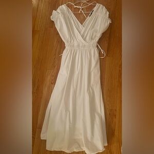 ZARA EUC V NECK WHITE 100% COTTON MIDI DRESS SIZE L